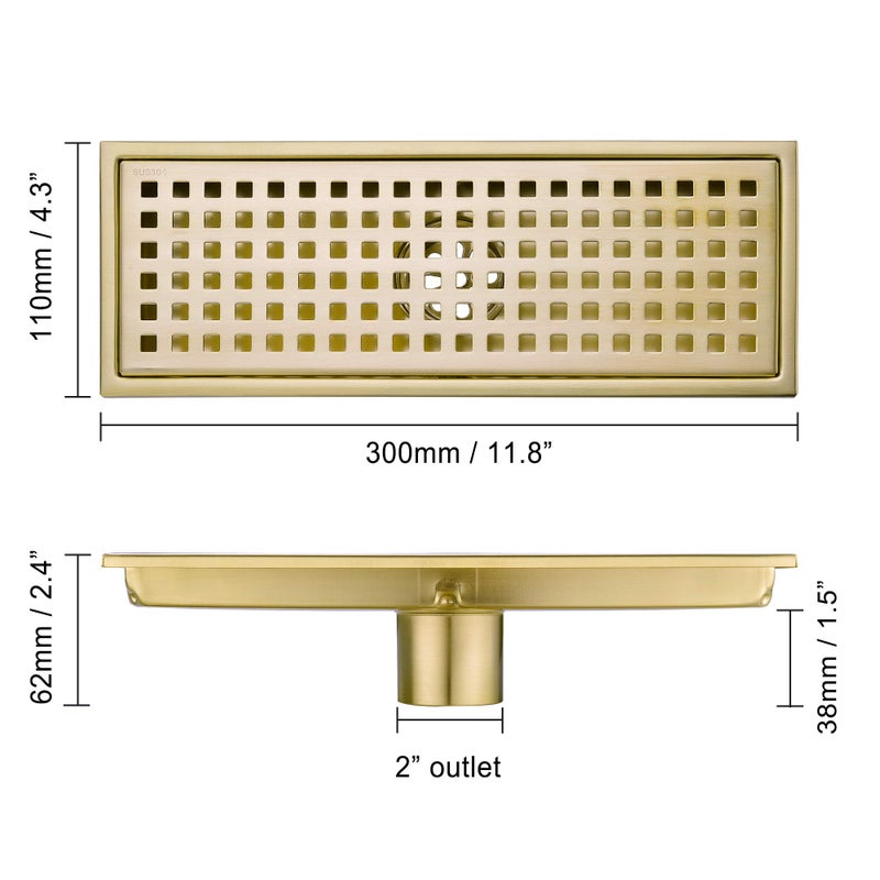 Orhemus 12 inch Stainless Steel Linear Shower Floor Drain with Threaded Adapter, Removable Cover Grid Grate, Brushed Gold Finished - Image 2